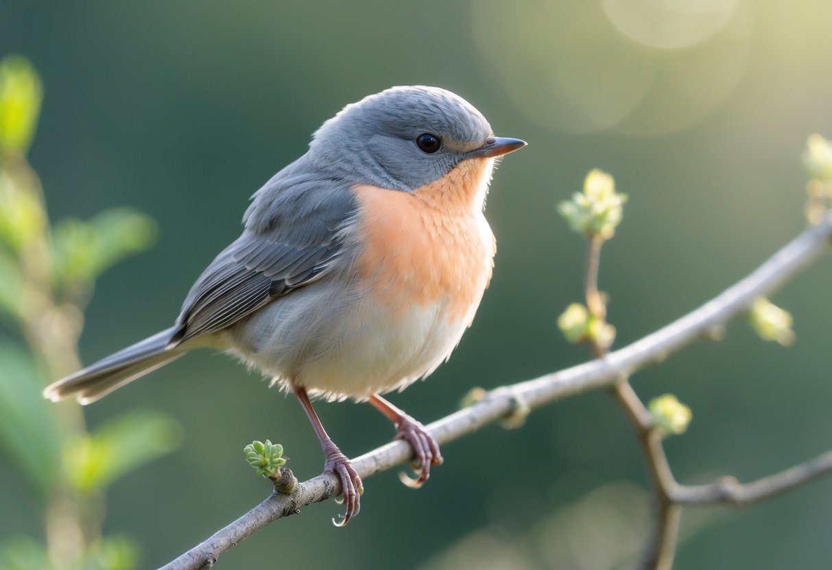 A small grey bird with a peach-colored chest perched on a branch surrounded by green foliage.
