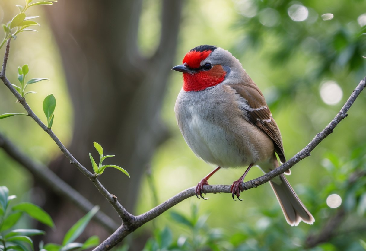 A small British bird with a red face perched on a branch in a green woodland setting.