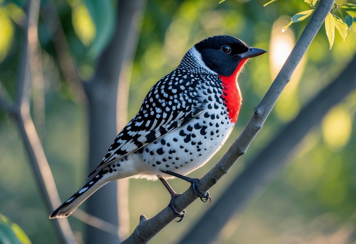 A black and white spotted bird with a red breast perched on a tree branch in a natural setting.