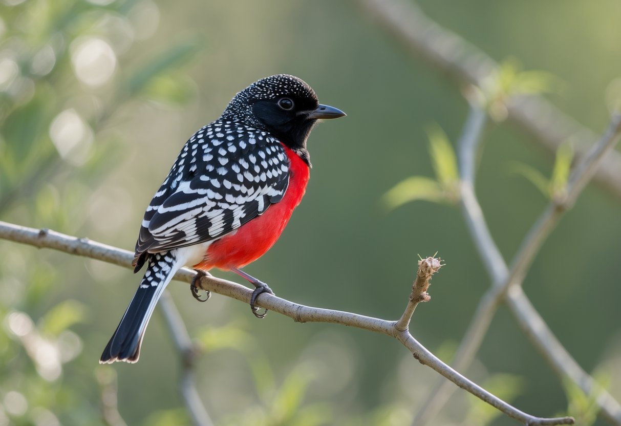 A black and white spotted bird with a red breast perched on a branch against a blurred green background.