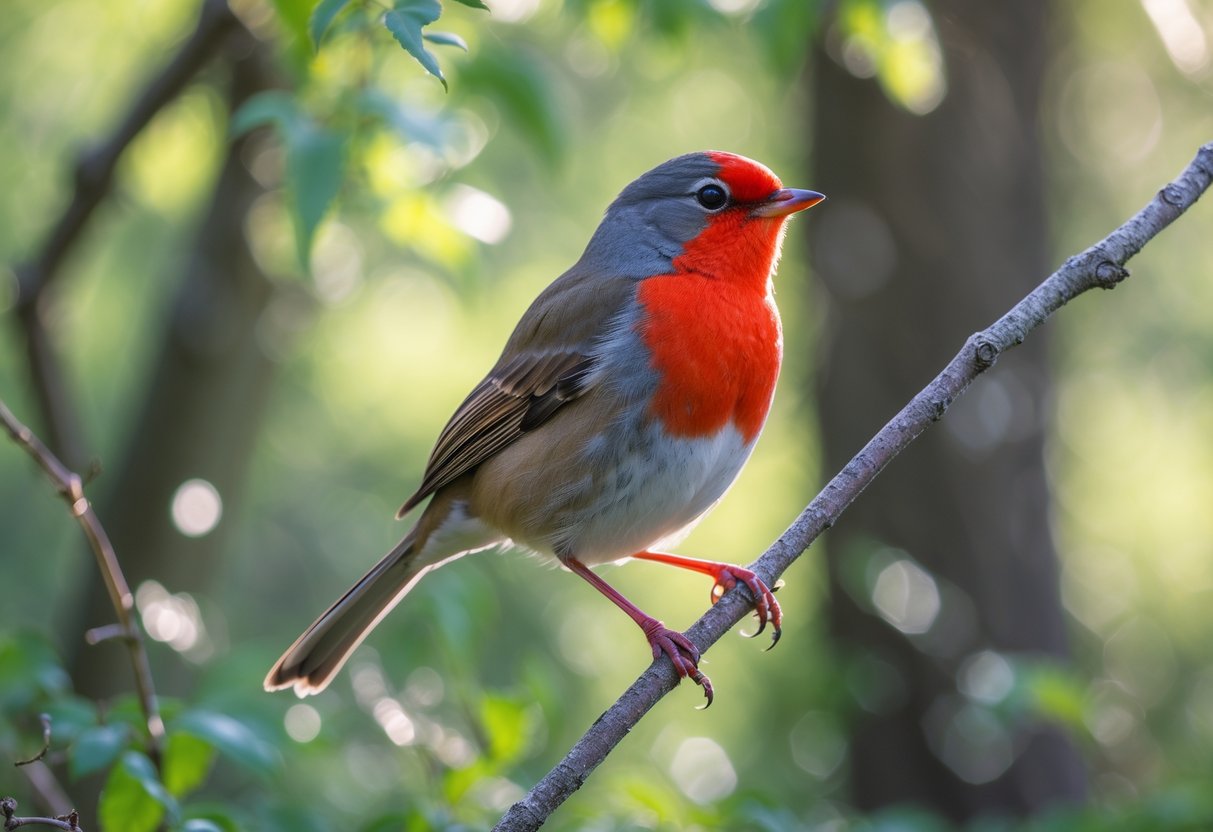 A bird with a bright red breast perched on a branch in a green woodland setting.