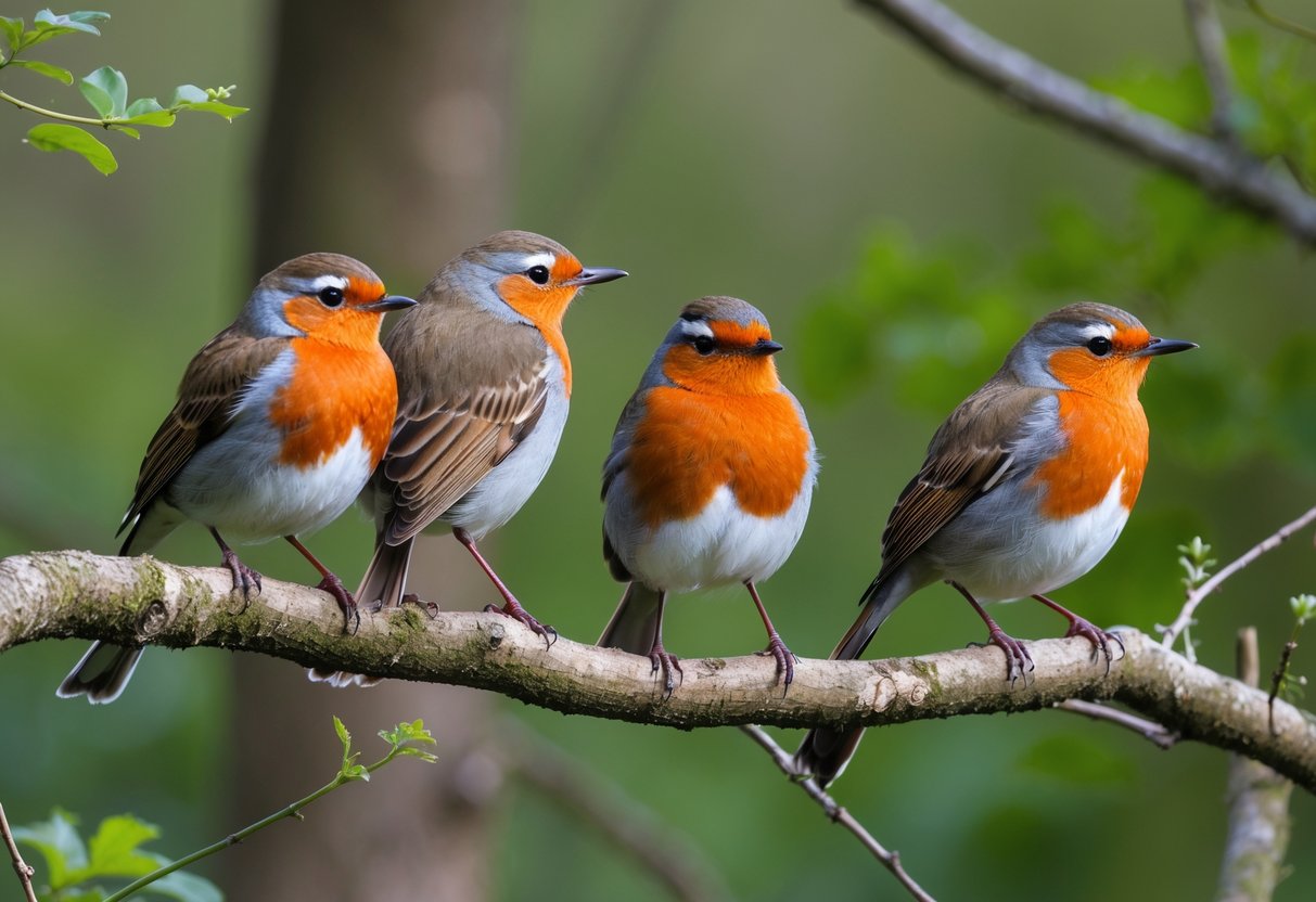 A group of red-breasted birds perched on branches in a green woodland area.