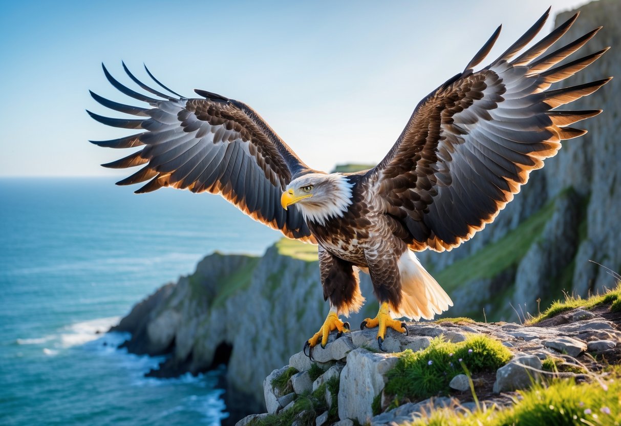 A large white-tailed eagle perched on a rocky coastal cliff overlooking the sea.