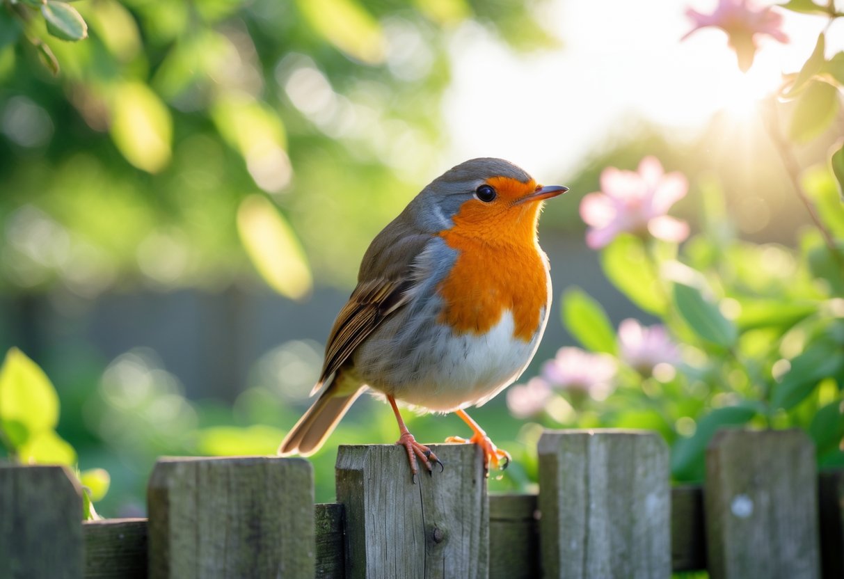 A small robin with an orange-red breast perched on a wooden garden fence surrounded by green plants and flowers.