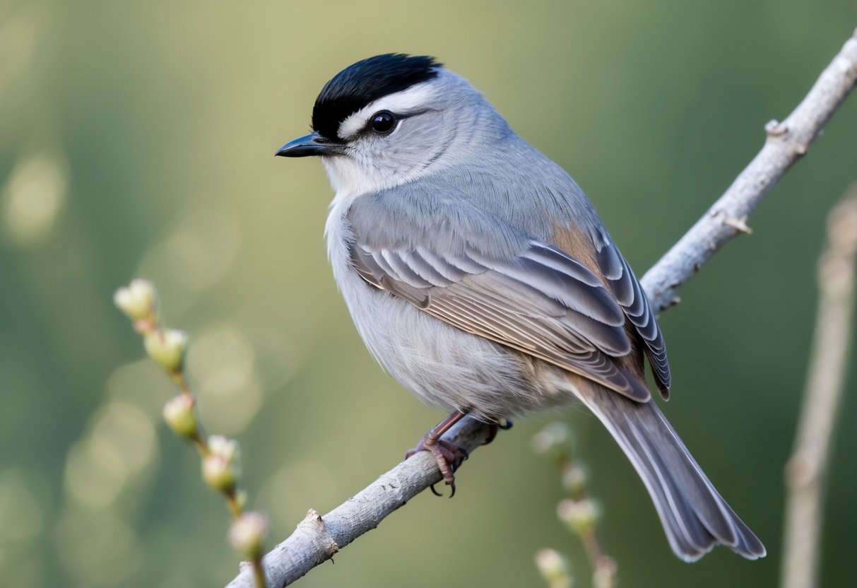 A small grey bird with a black cap perched on a branch in a green natural setting.