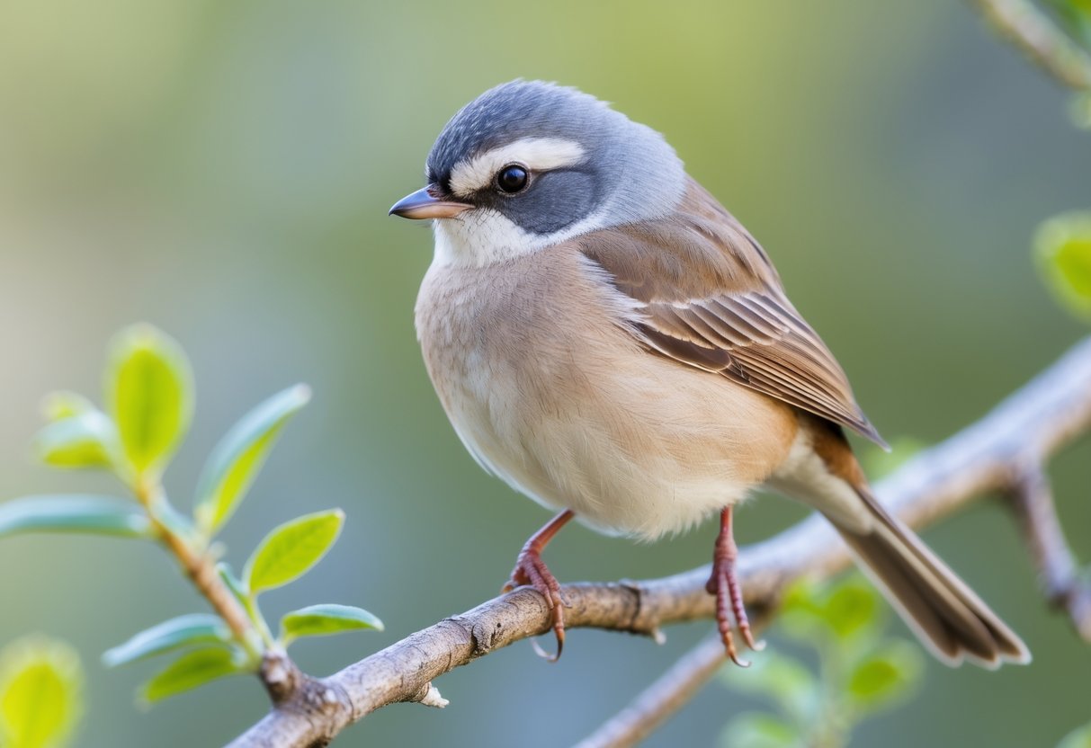 A small bird with a grey head perched on a tree branch surrounded by green leaves.