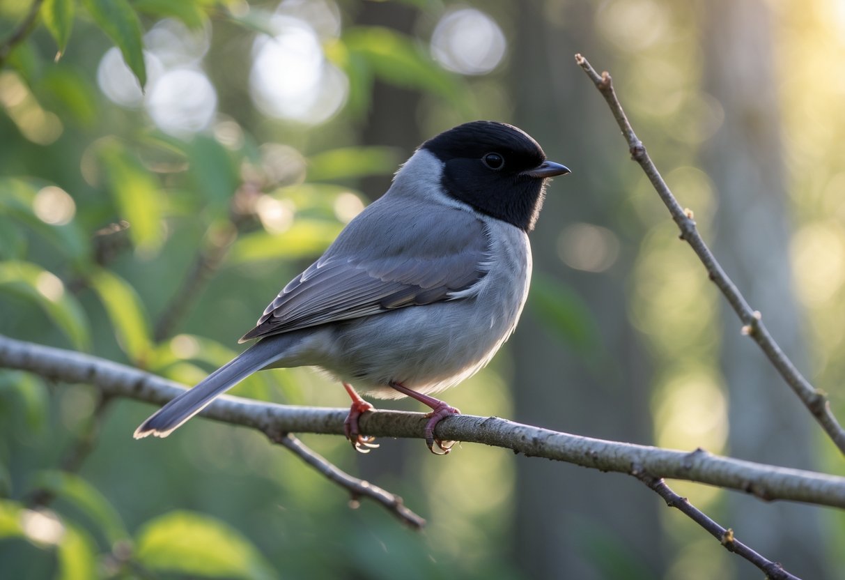A small grey bird with a black cap perched on a branch in a green woodland setting.
