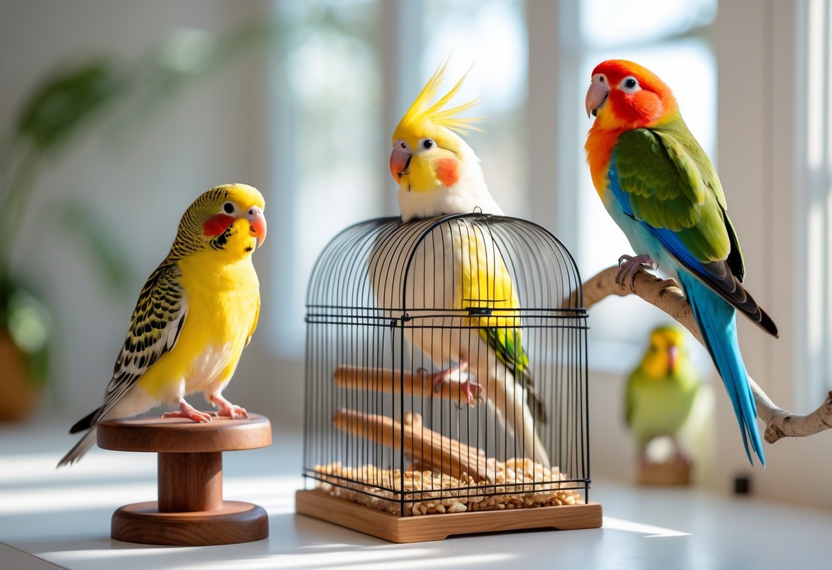 A variety of colorful pet birds including a budgerigar, cockatiel, and lovebird in a bright indoor setting.