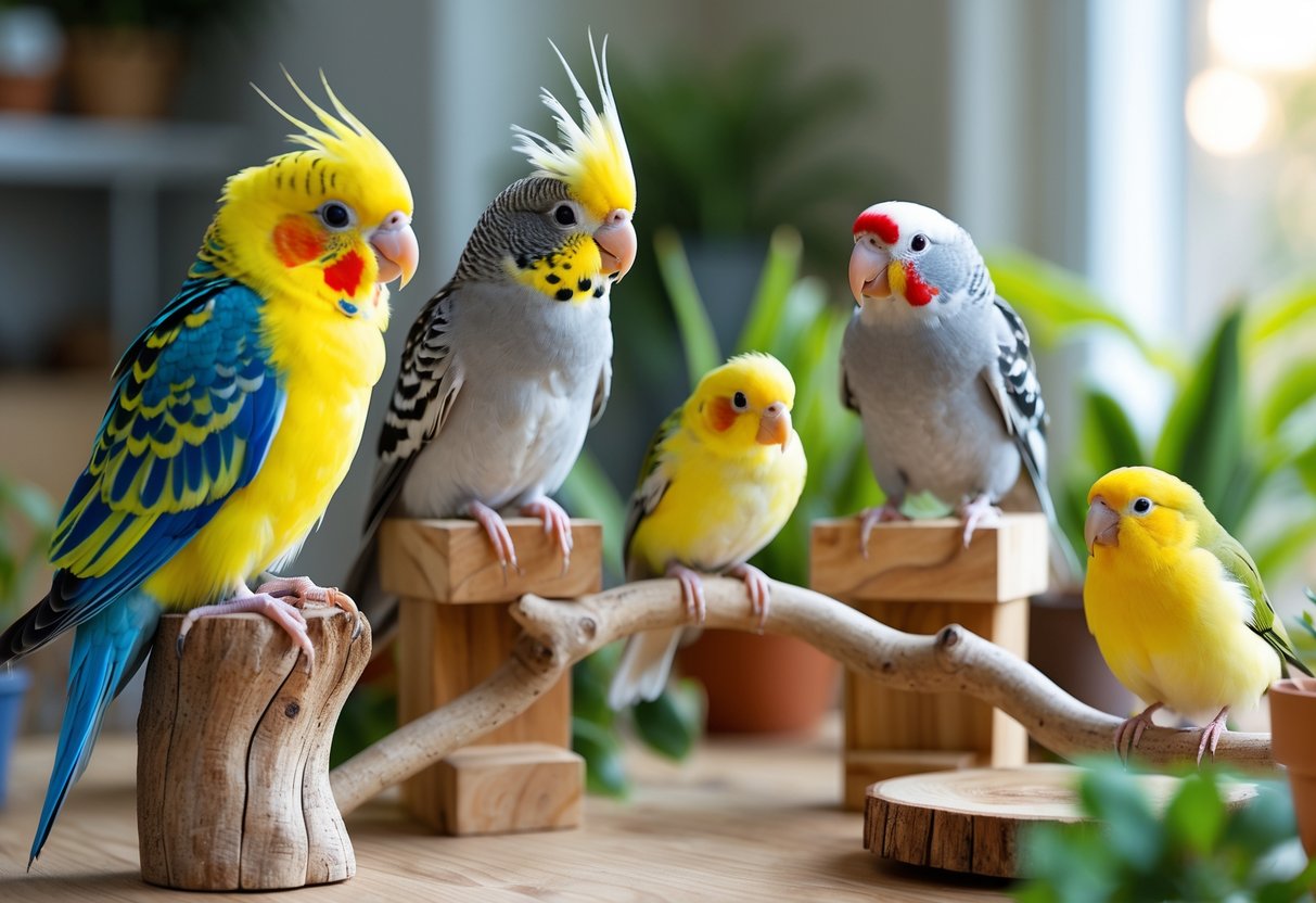 A variety of common pet birds including a budgerigar, cockatiel, lovebird, and canary perched indoors on wooden stands with plants and soft daylight in the background.
