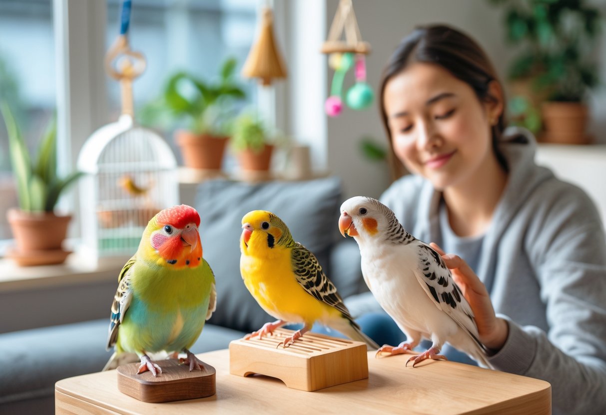 A person holding a cockatiel with a budgerigar and a canary nearby in a cozy living room setting.