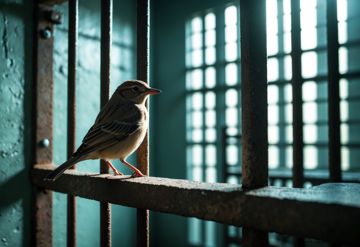 A small bird perched on rusty prison bars inside a dim jail cell with light coming through a barred window.