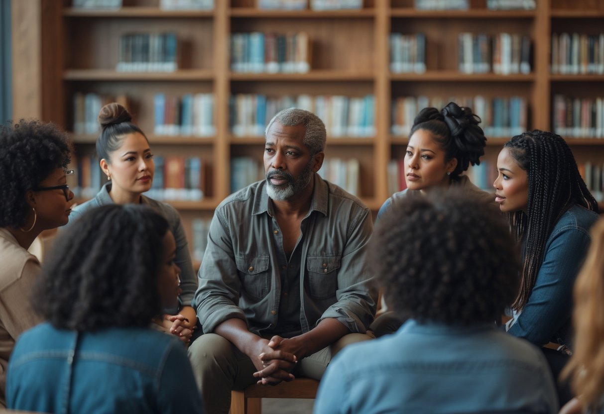 A diverse group of people in a library listening to a man sharing his story about life after prison.