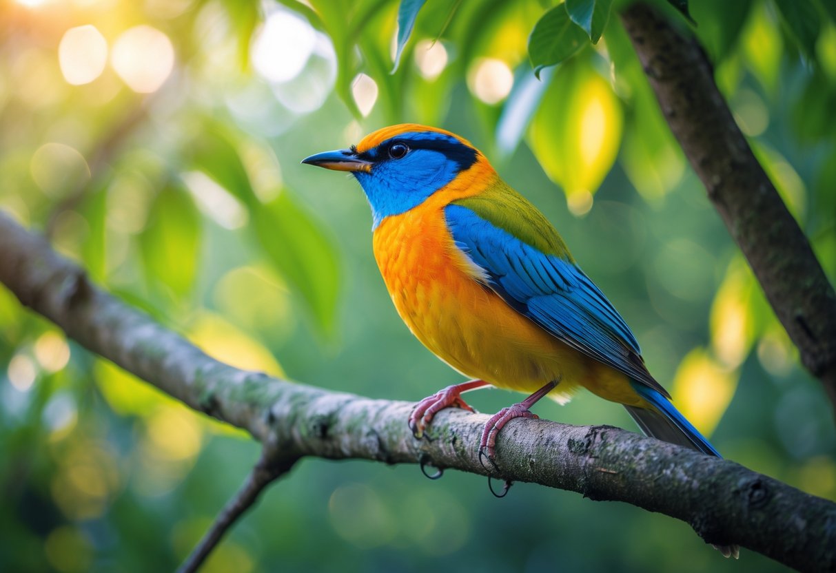 A colorful bird perched on a tree branch in a green forest with sunlight filtering through the leaves.