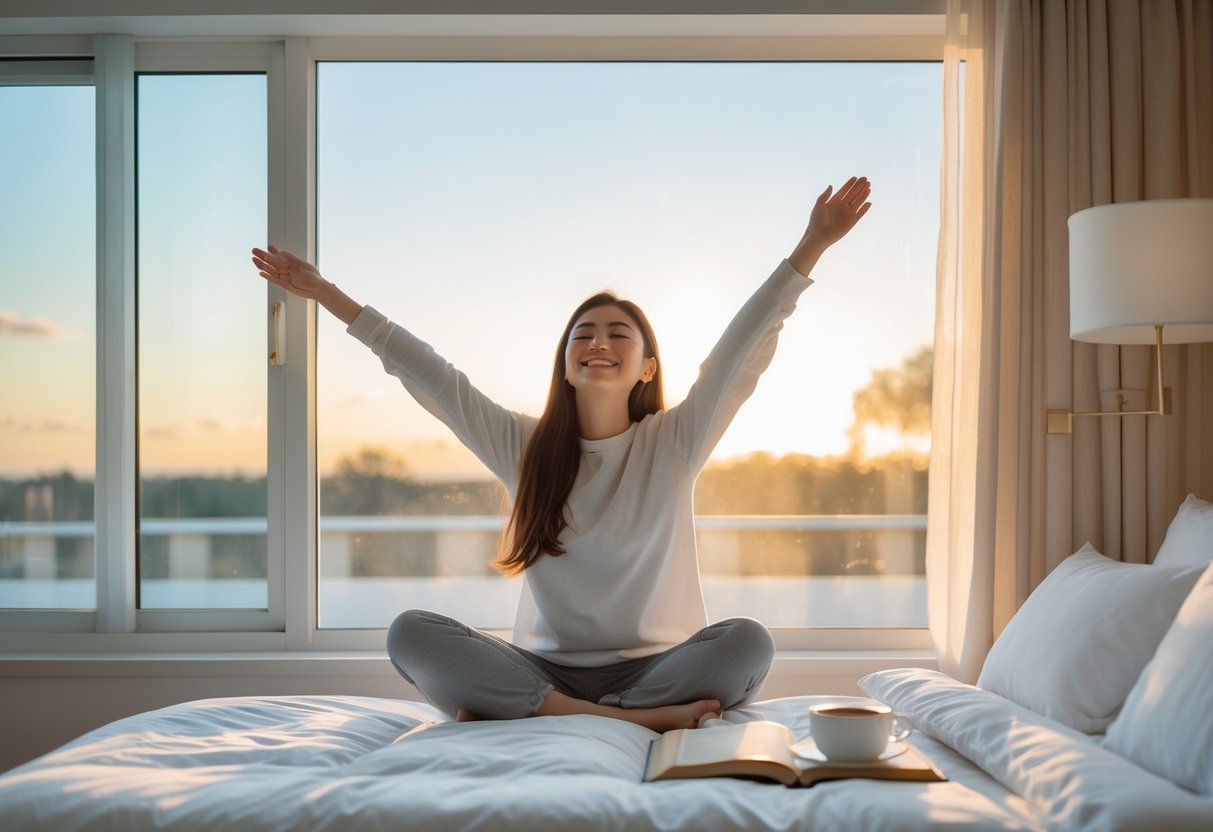 A young woman sitting on the edge of a bed stretching near a window with morning sunlight and a cup of coffee on a bedside table.