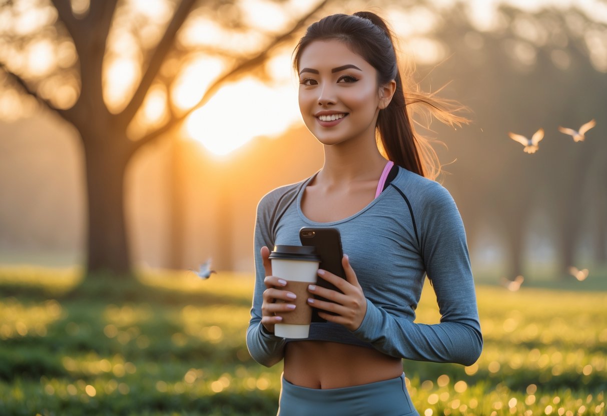 A young woman standing outdoors at sunrise with birds flying in the background, holding a coffee cup and a smartphone, looking ready to start her day.