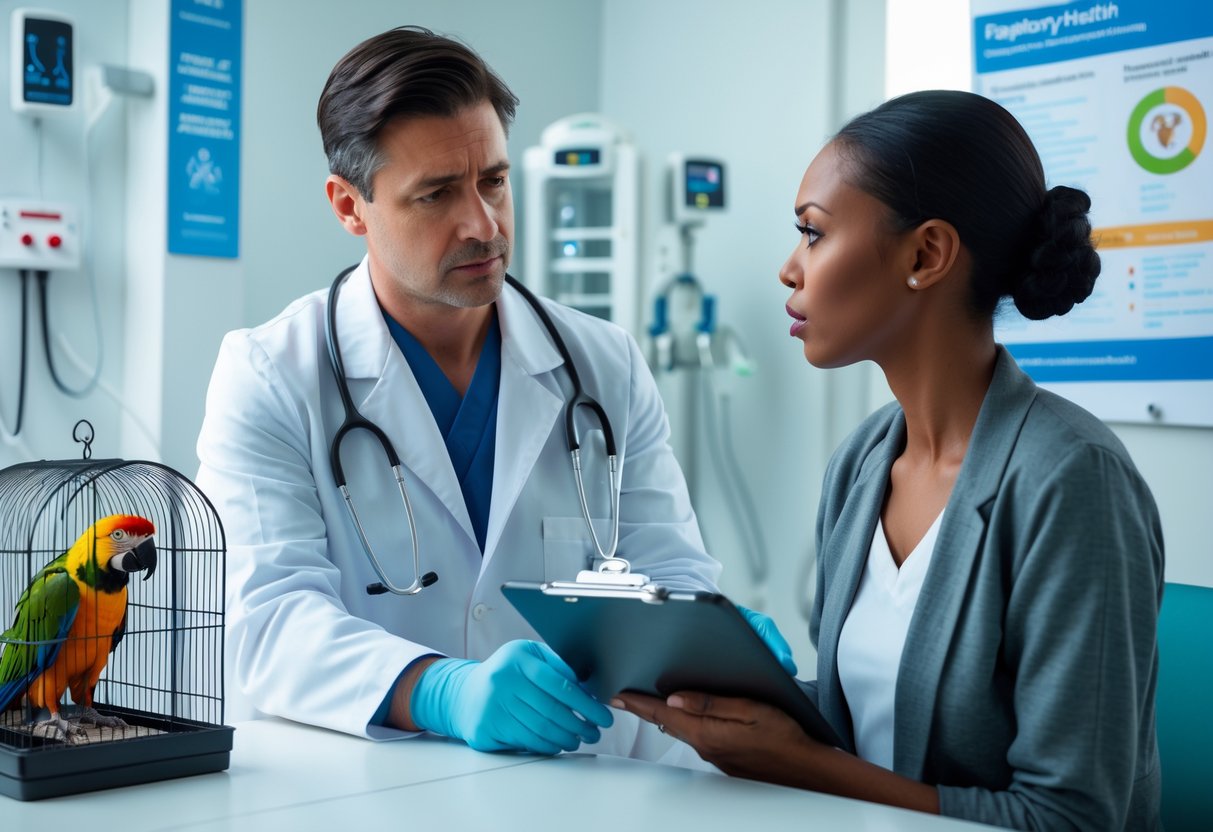 A healthcare professional examines a patient near a cage with a parrot in a medical clinic.