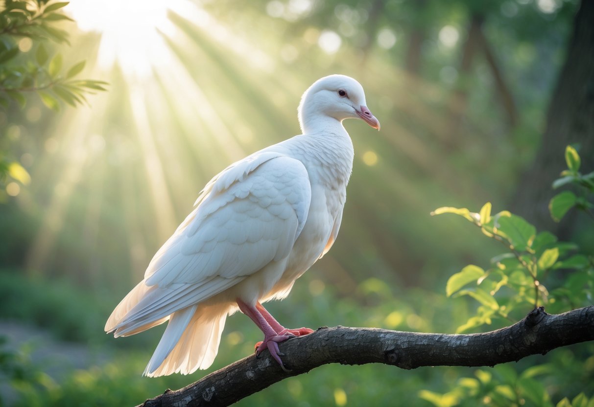 A white dove perched on a branch in a peaceful green forest with sunlight filtering through the trees.