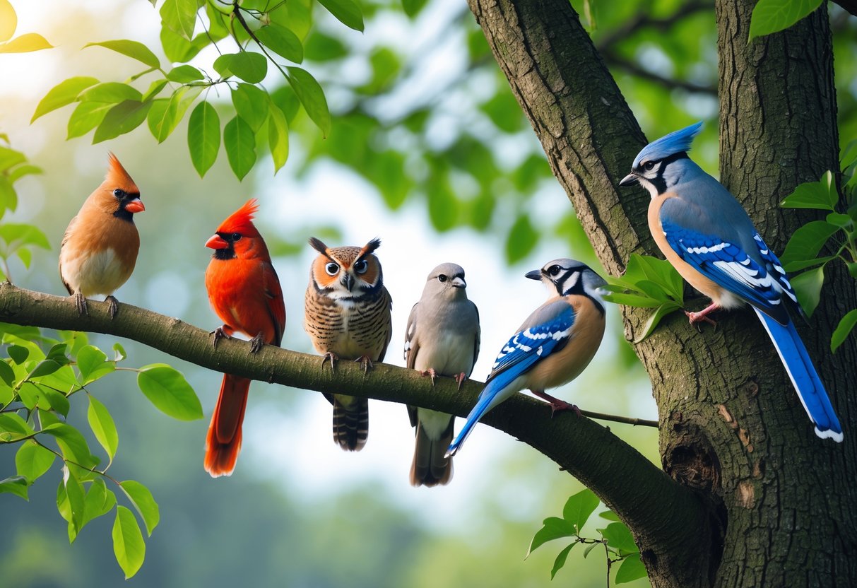 Several different birds perched on branches of a green tree in a natural outdoor setting.