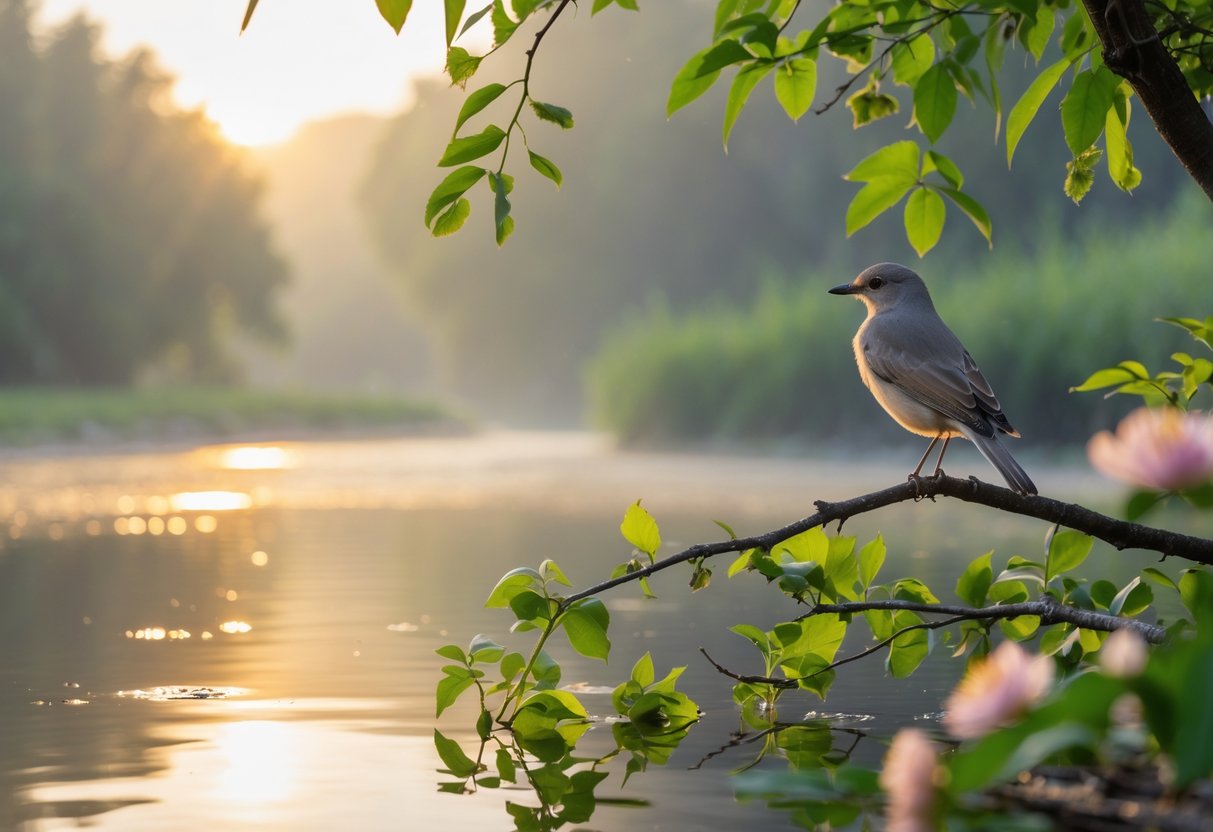 A bird perched on a branch by a calm river at sunrise with green leaves and flowers around.