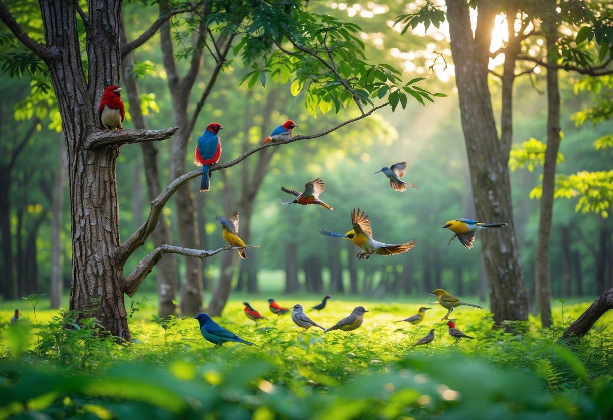 A variety of colorful birds in a forest clearing with sunlight filtering through trees.