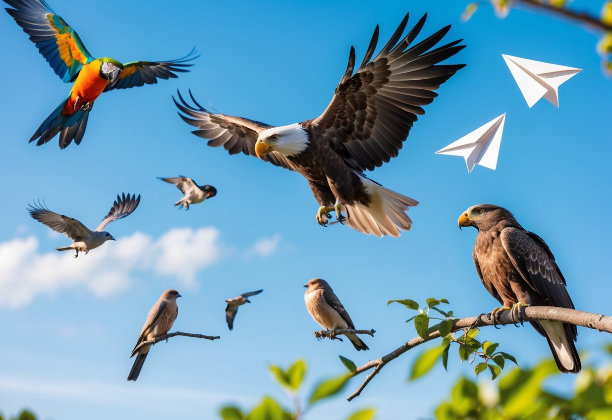 A variety of birds including a parrot, an eagle in flight, and a songbird on a branch with paper planes flying in the background and a person making a bird-shaped hand gesture outdoors.