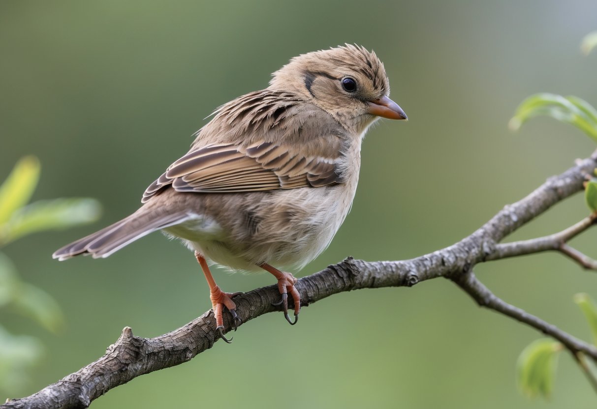 A small bird perched on a branch looking weak and lethargic with ruffled feathers.