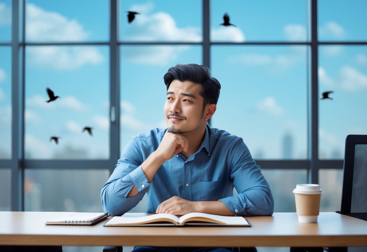 A young man sitting at a desk looking thoughtful with birds flying outside a window behind him.