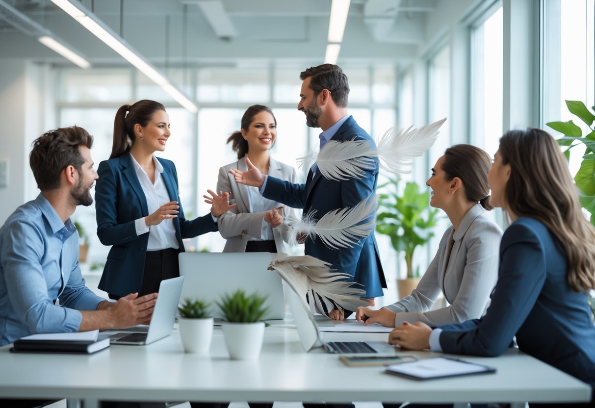 A group of people in an office having a discussion, with one person subtly blended with bird feathers on their clothing.