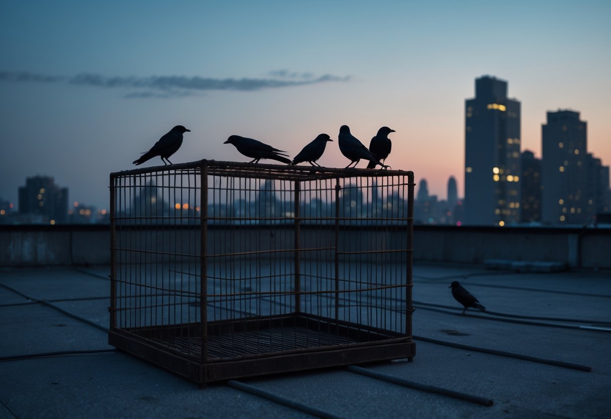 Birds perched on an open rusty cage on an urban rooftop at dusk with a city skyline in the background.