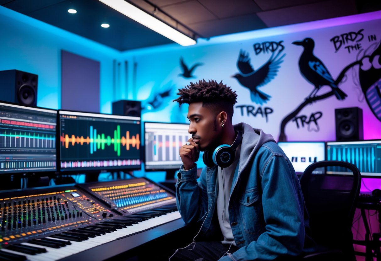 A young man in a music studio surrounded by bird artwork and music equipment, looking thoughtfully at the wall.