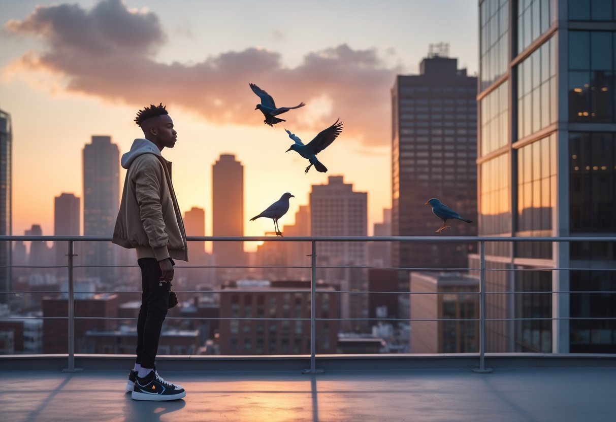 A young man in streetwear stands on a rooftop at sunset, looking thoughtfully over a city skyline with birds nearby.