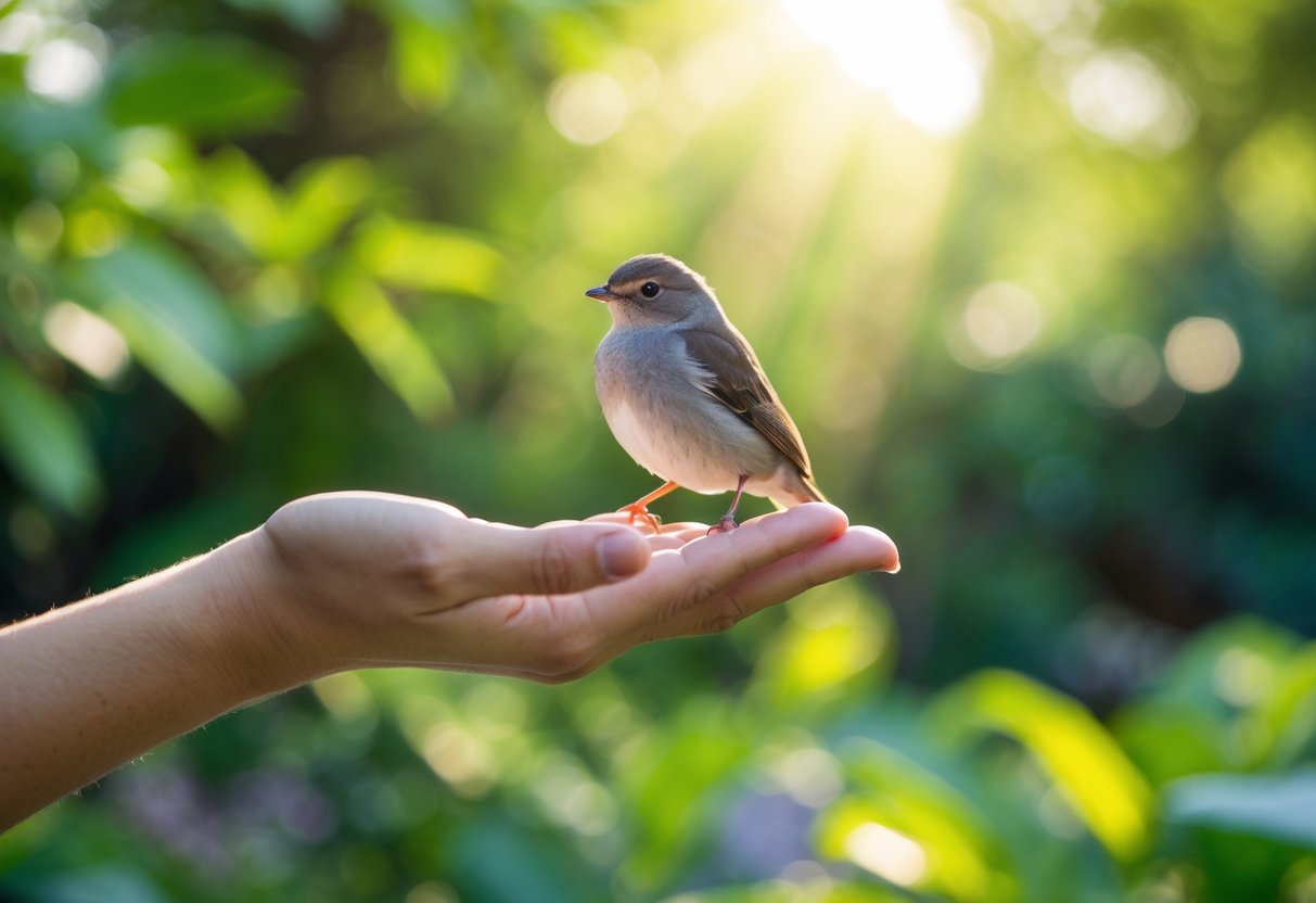 A small bird perched on a person's outstretched hand in a green garden setting.