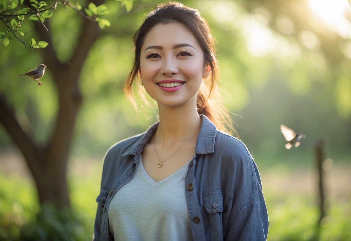 A young woman smiling outdoors with green trees and birds in the background.