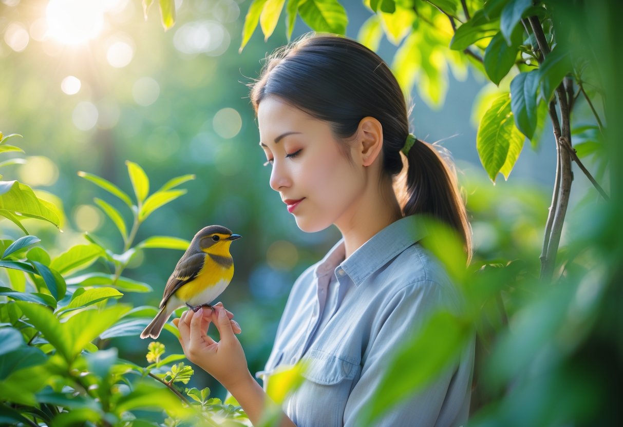 A person calmly watching a small bird perched nearby in a green garden with sunlight filtering through the leaves.