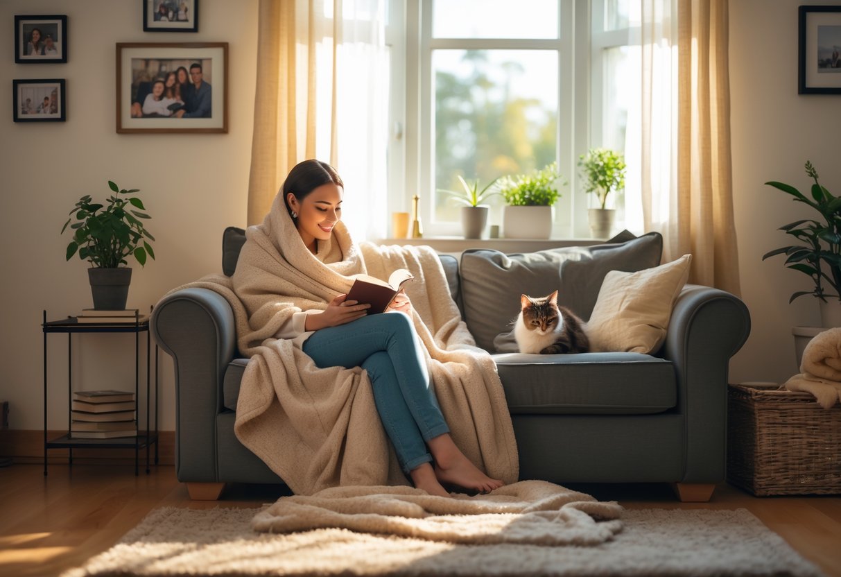 A person sitting comfortably on a sofa in a cozy living room, wrapped in a blanket, reading a book with a cat nearby.