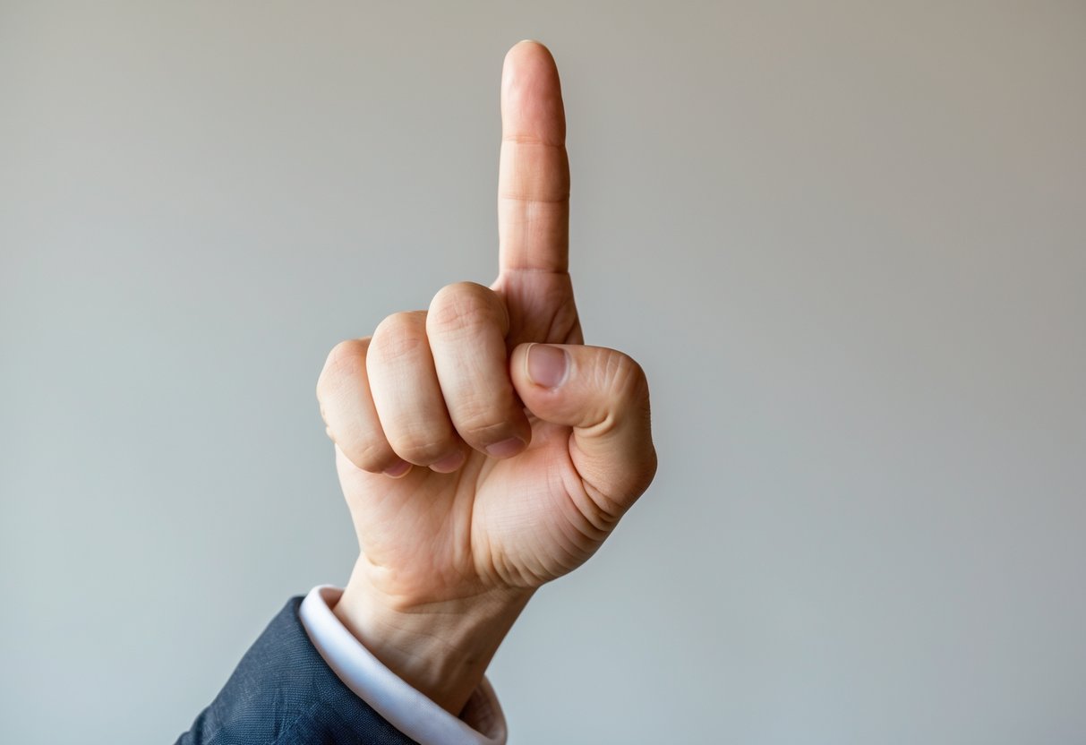 Close-up of a hand making a middle finger gesture against a plain background.