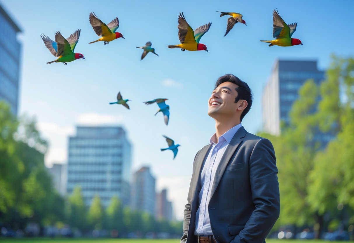 A smiling young man in a city park looking up at colorful birds flying in the sky above him.