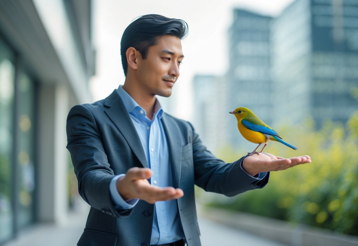 A person standing outdoors in a city holding a small colorful bird on their hand, looking at it thoughtfully.
