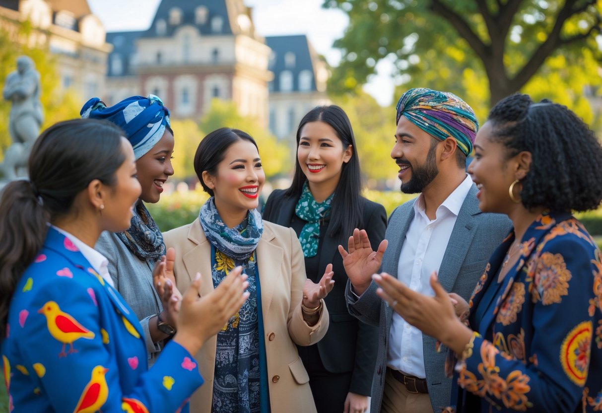 A diverse group of people talking animatedly in a city park with bird-themed decorations around them.