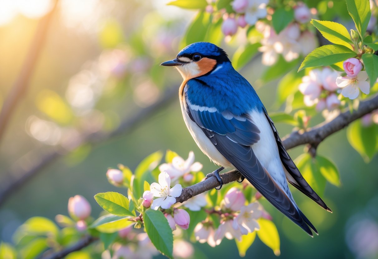 A colorful swallow perched on a blossoming branch in a sunlit natural setting.