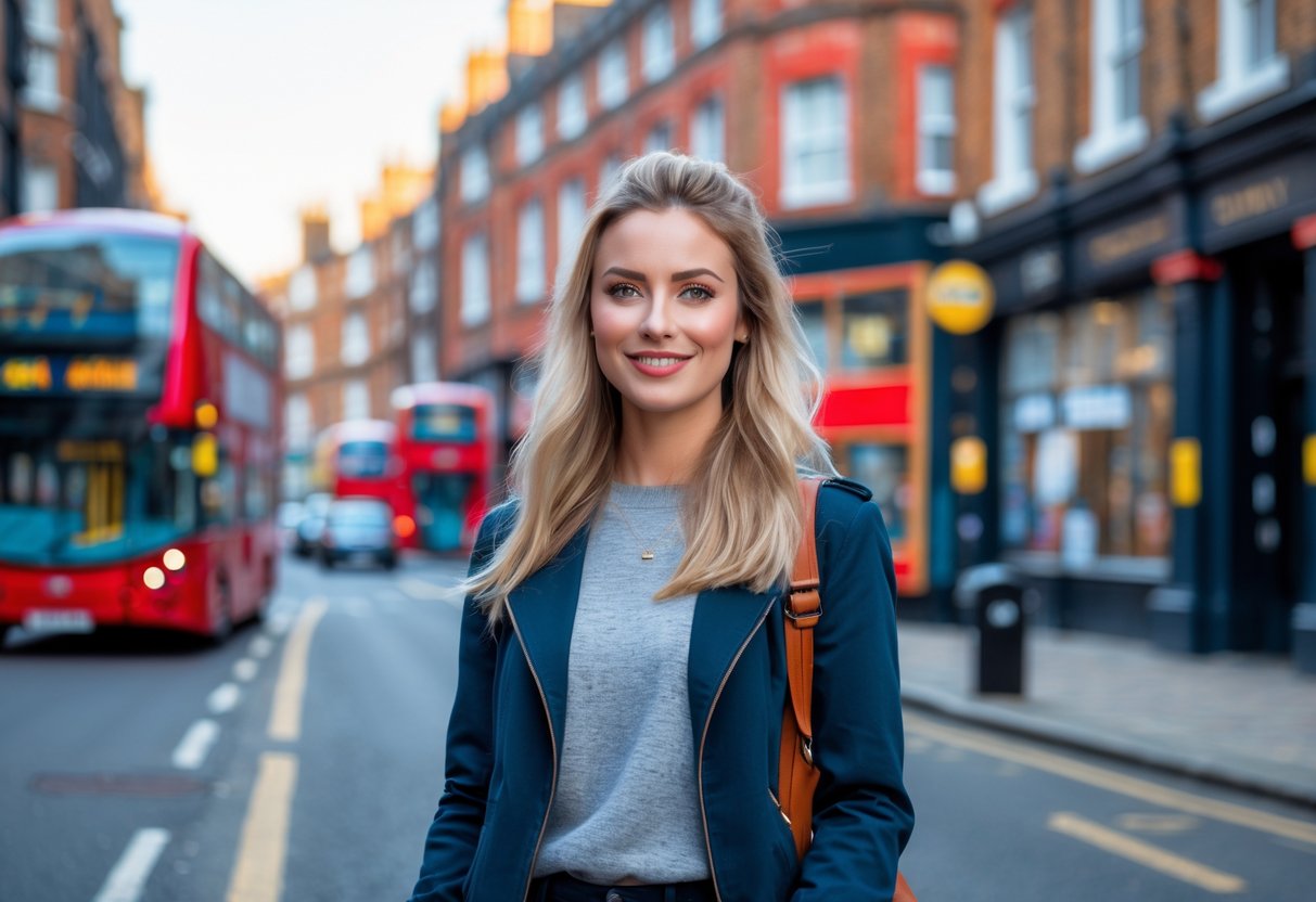 A young British woman smiling and standing on a city street with red buses and brick buildings in the background.