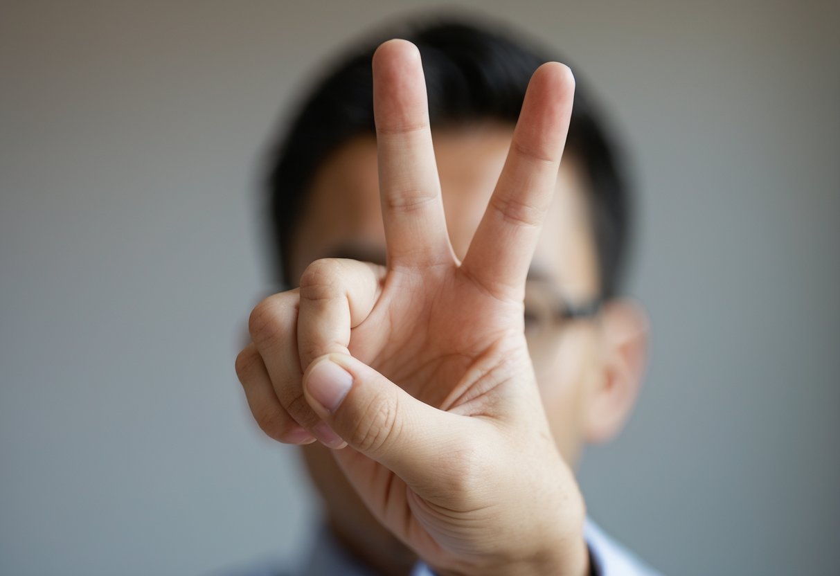 Close-up of a hand making the British V-sign with the back of the hand facing outward.
