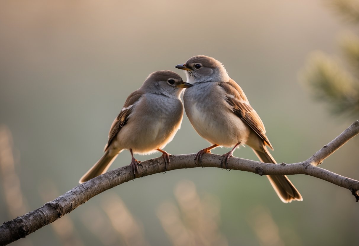 Two birds sitting closely together on a tree branch in a natural setting.