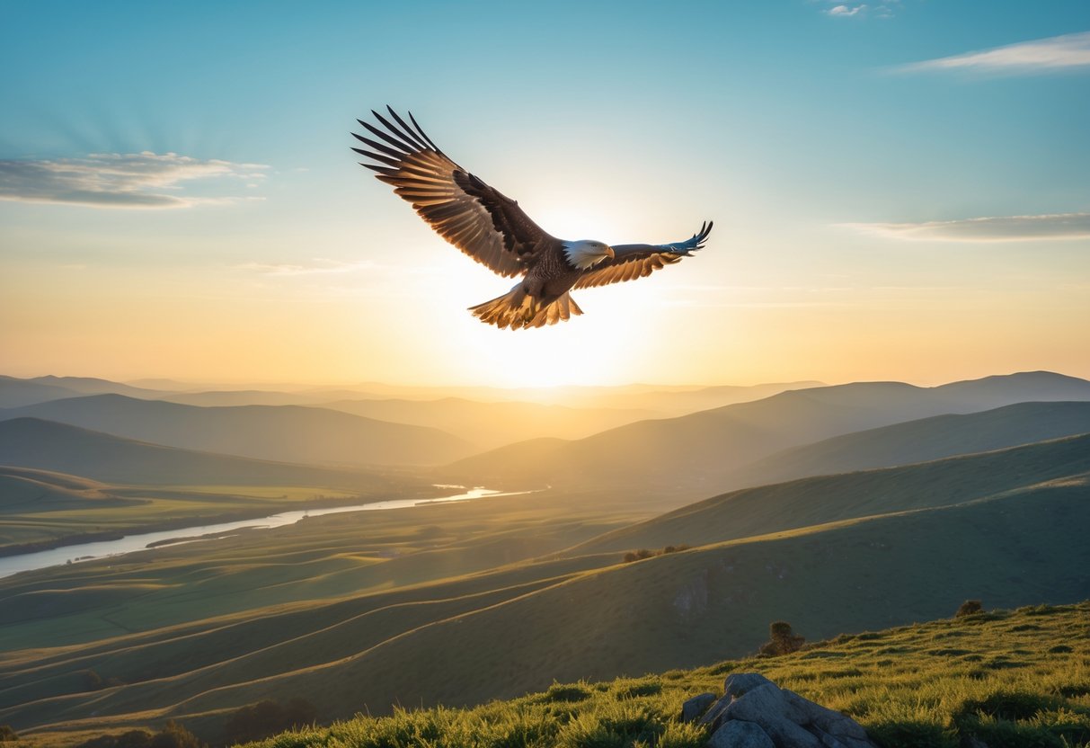 A bird flying freely over a wide open landscape with hills and a river under a bright sky.