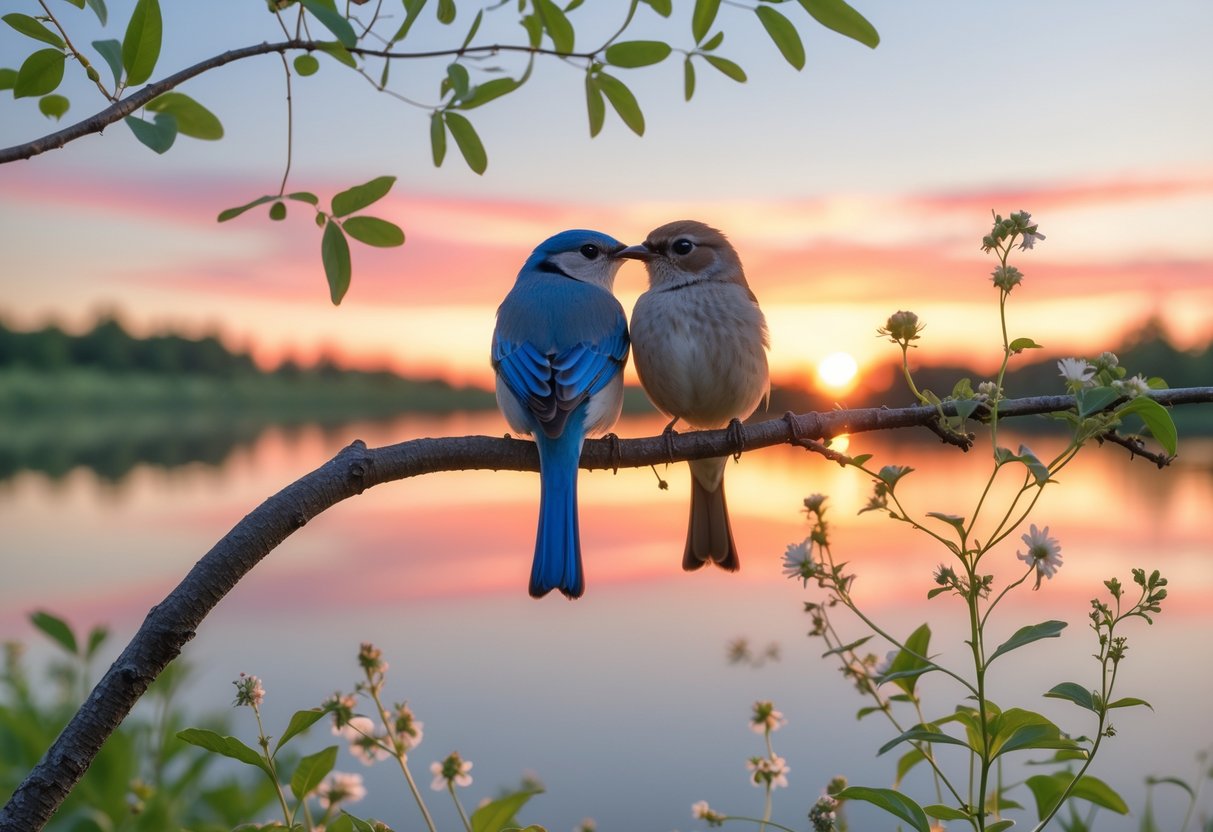 Two birds perched closely together on a tree branch overlooking a calm lake at sunset.