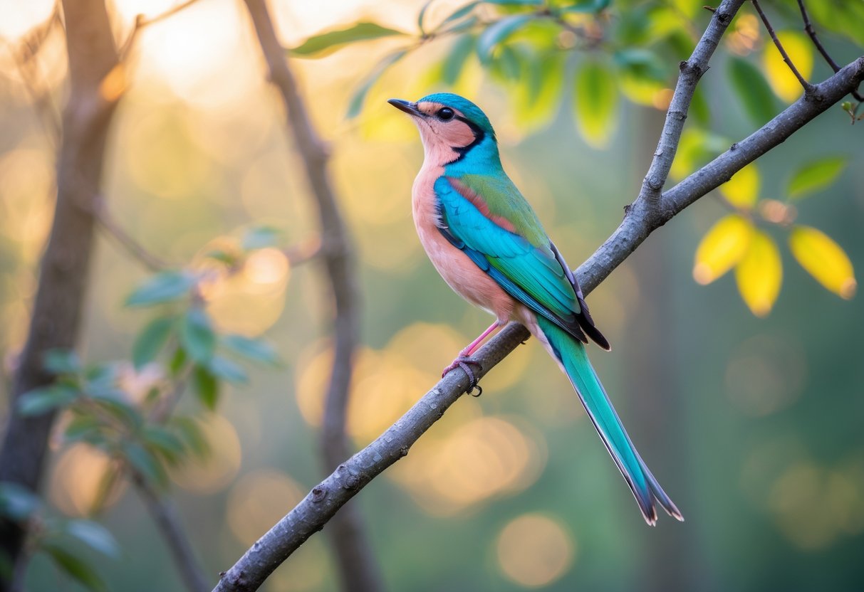 A colorful female bird perched on a tree branch in a sunlit forest.