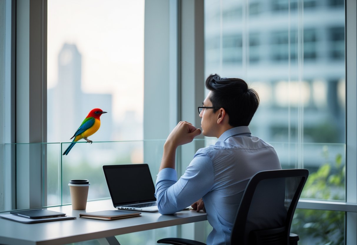 A young adult sitting at a desk looking thoughtfully at a colorful bird perched on a windowsill in a modern office.