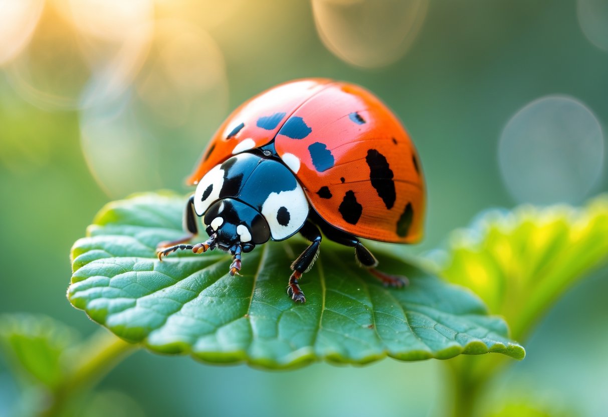 A red ladybird with black spots sitting on a green leaf outdoors.