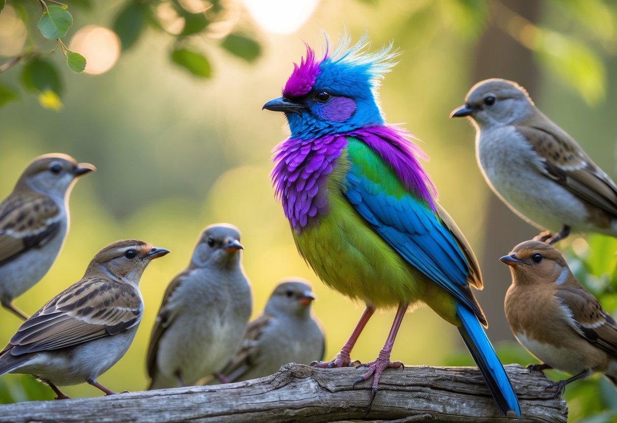 A colorful, unusual bird perched among several common birds in a natural outdoor setting.