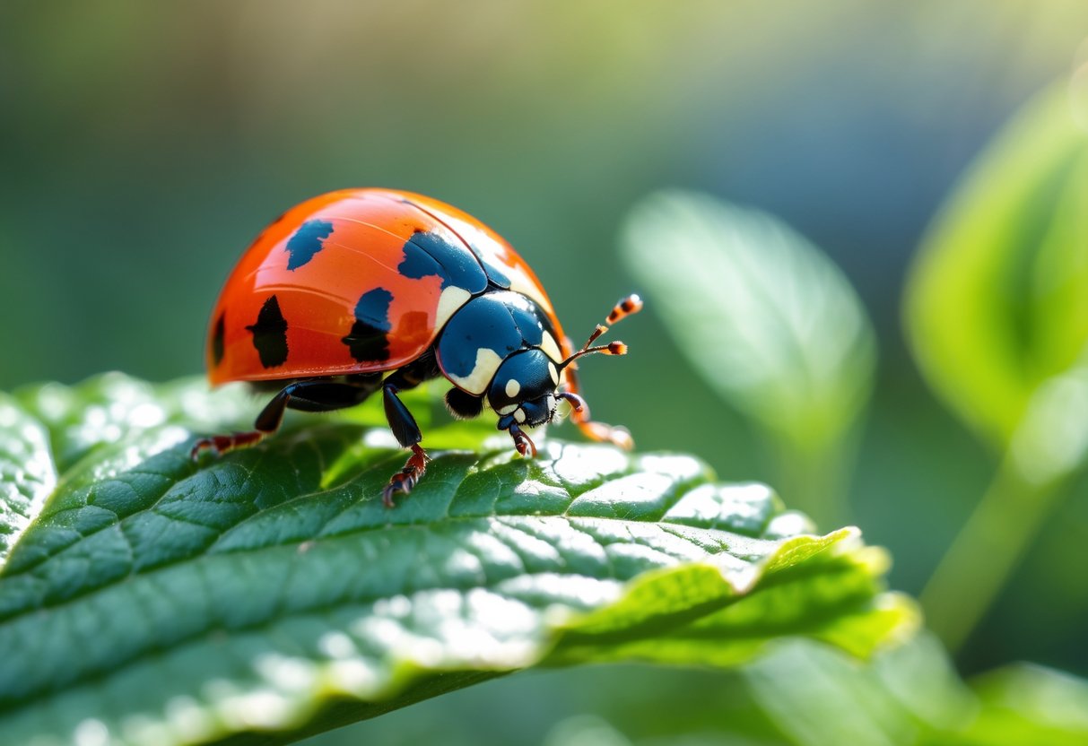 A close-up of a red ladybird with black spots sitting on a green leaf outdoors.